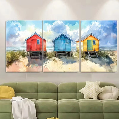 3pcs Watercolour Beach Hut Metal Print Ready to Hang Art