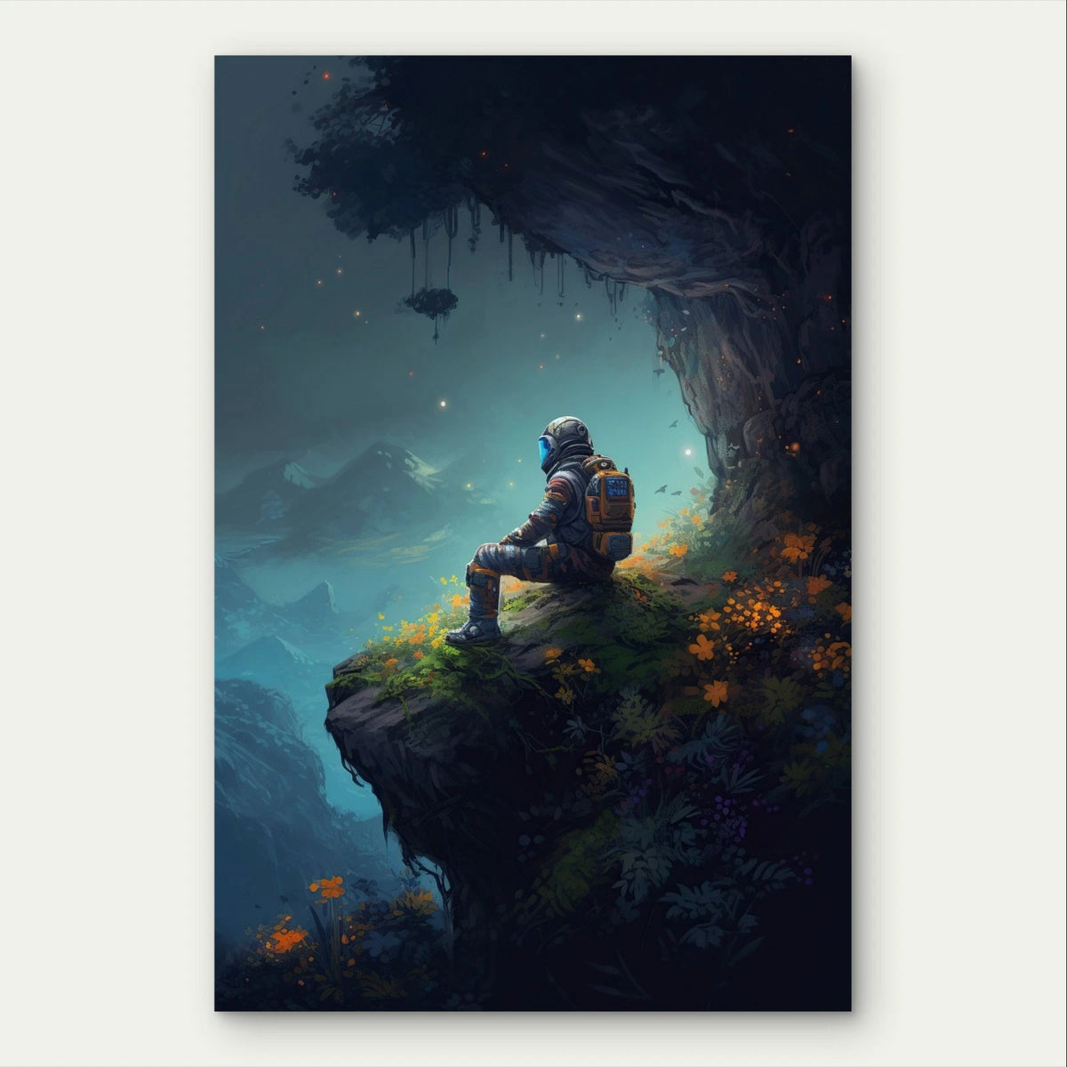 Minimalist Sci-Fi Astronaut on Cliff 40x60cm Metal Print Ready to Hang