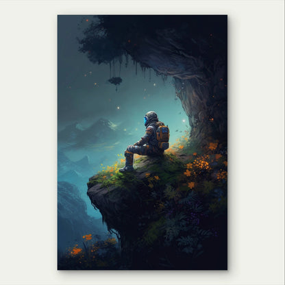 Minimalist Sci-Fi Astronaut on Cliff 40x60cm Metal Print Ready to Hang
