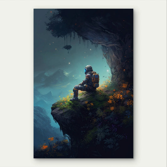 Minimalist Sci-Fi Astronaut on Cliff 40x60cm Metal Print Ready to Hang