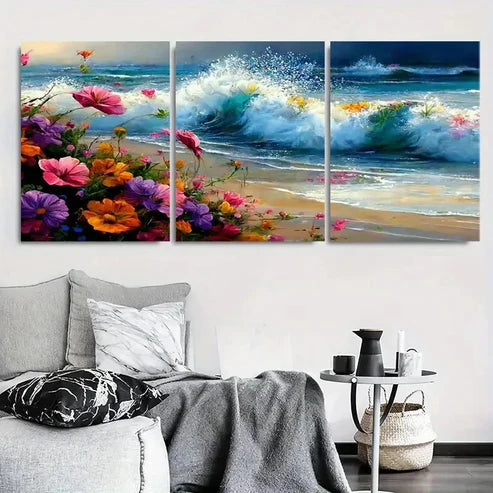 3pcs Vibrant Floral Seashore Wave Wall Art Set Canvas Unframed - High Quality Print 100% Australian Made Wall Canvas