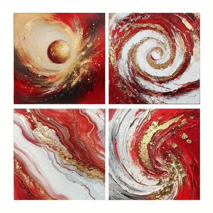 4pcs Red Background Swirling Patterns Wall Art Canvas Framed