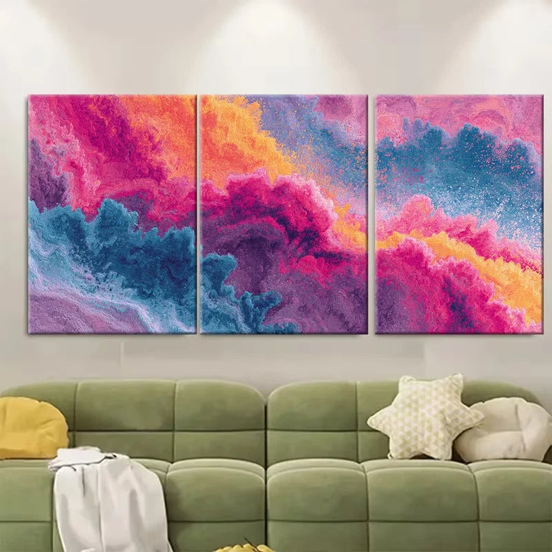 3pcs Vibrant Abstract Art Pink Orange and Blue Metal Print Ready to Hang Art - Bella Home Decor