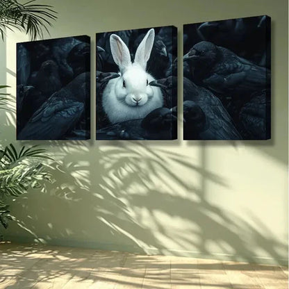 3pcs White Rabbit, Crow Wall Art Set Canvas Unframed - High Quality Print 100% Australian Made Wall Canvas