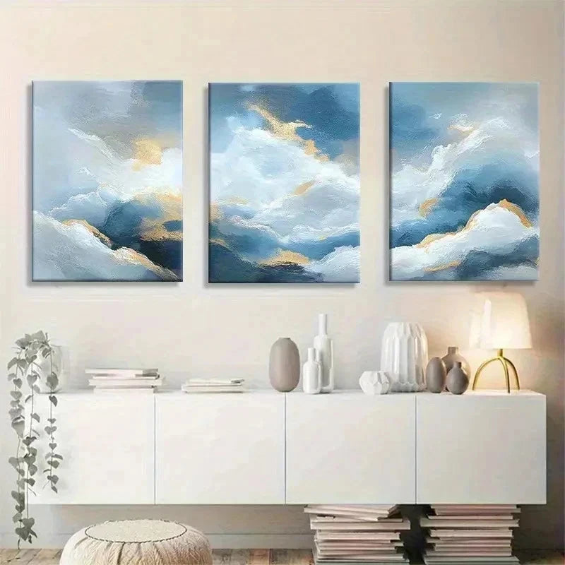 3pcs Landscape with Blue & Golden Brushstrokes Wall Art Set Canvas Framed 40x60cm - High Quality Print 100% Australian Made Wall Canvas Ready to Hang - Bella Home Decor