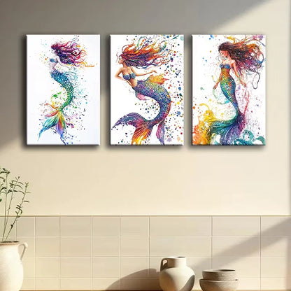3pcs Vibrant Mermaid Watercolor Wall Art Set Canvas Framed 50x70cm - High Quality Print 100% Australian Made Wall Canvas Ready to Hang