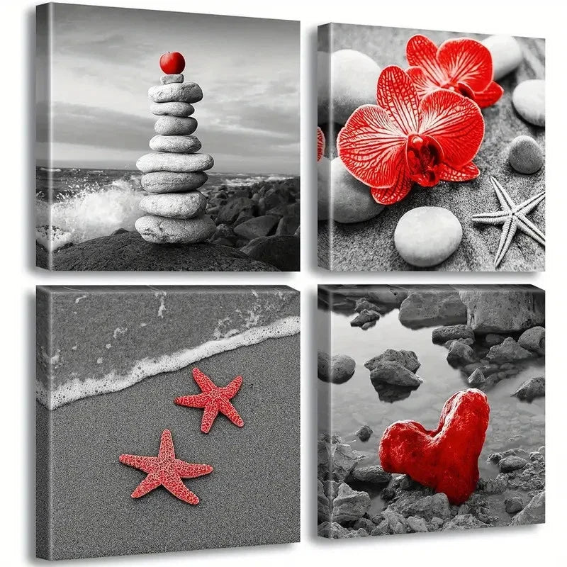 4pcs Coastal Seascape Theme Zen Wall Art Canvas Framed