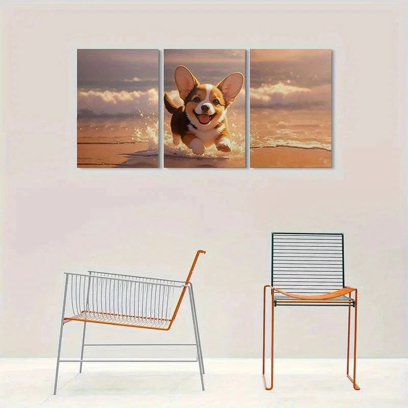 3pcs Adorable Corgi Running on the Beach Metal Print Ready to Hang Art - Bella Home Decor