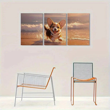 3pcs Adorable Corgi Running on the Beach Metal Print Ready to Hang Art - Bella Home Decor