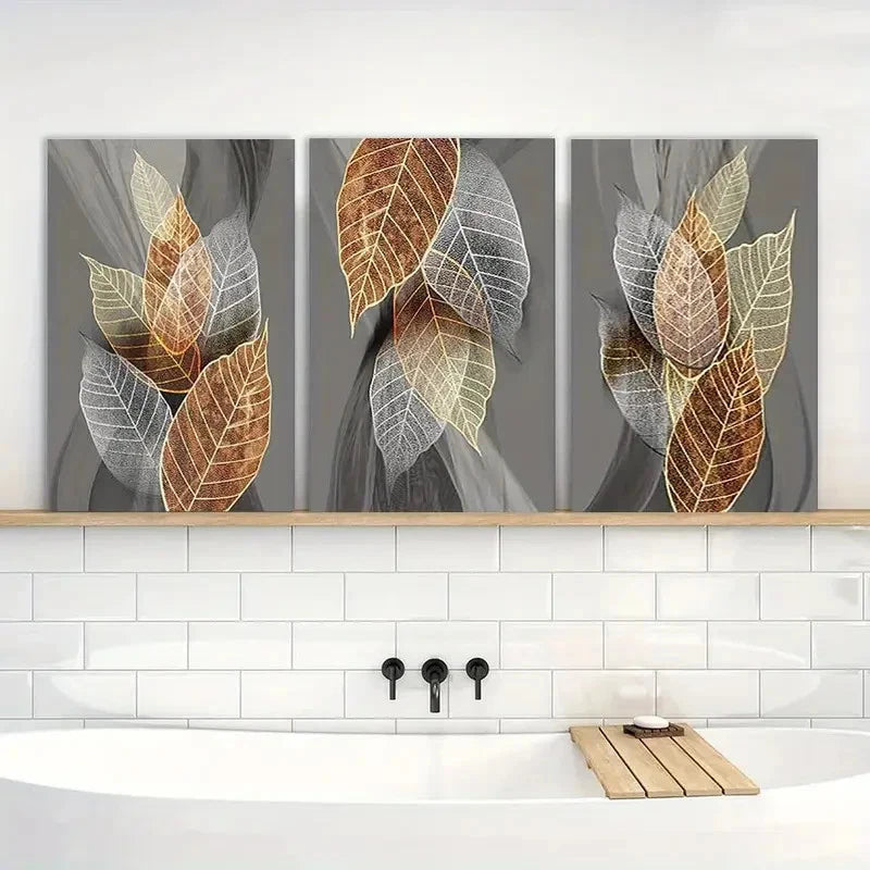 3pcs Black Paintings Abstract Leaves Artwork Metal Print Ready to Hang Art - Bella Home Decor