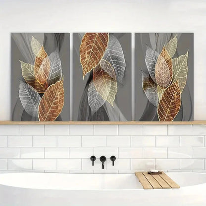 3pcs Black Paintings Abstract Leaves Artwork Metal Print Ready to Hang Art - Bella Home Decor