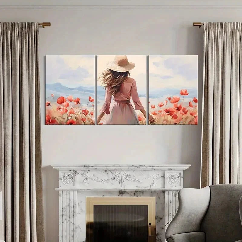 3pcs Flower Field Woman In Hat Mountain View Metal Print Ready to Hang Art - Bella Home Decor