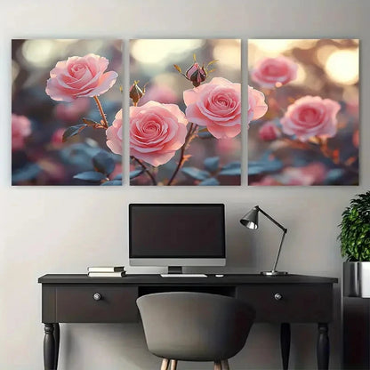3pcs Soft Focus Blush Pink Roses Floral Design Wall Art Set Canvas Framed 40x60cm - High Quality Print 100% Australian Made Wall Canvas Ready to Hang