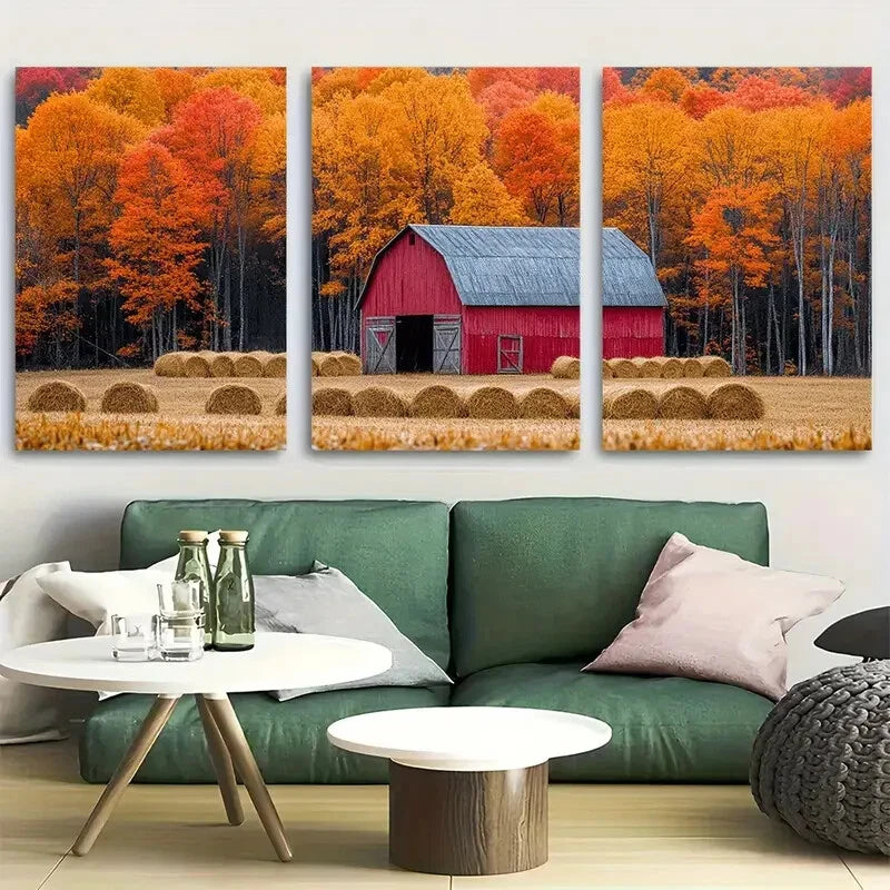 3pcs Old Barn Surrounded By Autumn Forest And Hay Metal Print Ready to Hang Art