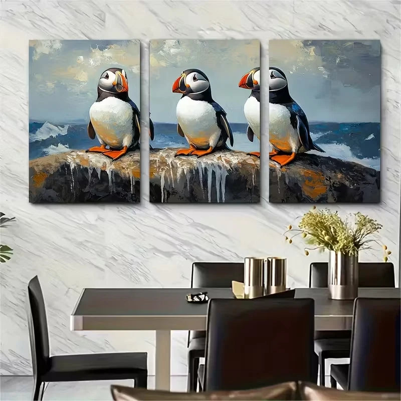 3pcs Puffin & Penguin Metal Print Ready to Hang Art