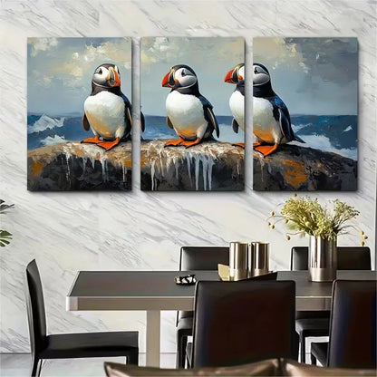 3pcs Puffin & Penguin Metal Print Ready to Hang Art