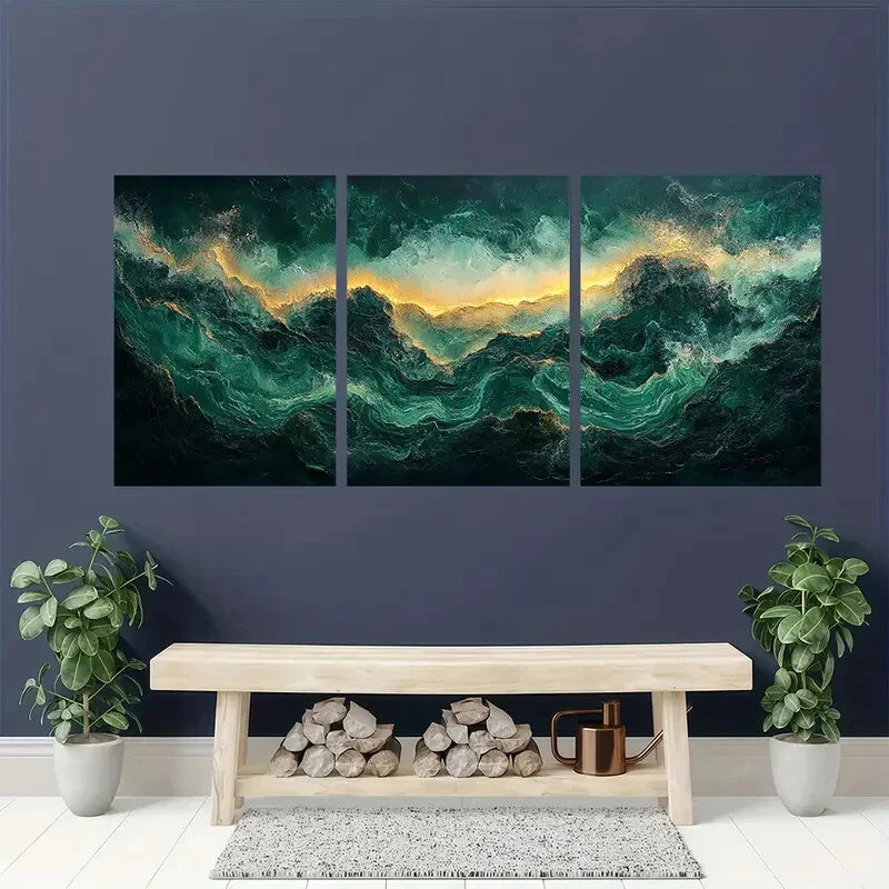 3pcs Emerald Green Abstract Modern Art Metal Print Ready to Hang Art - Bella Home Decor