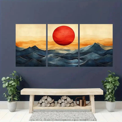 3pcs Abstract Sun and Waves Bauhaus Style Metal Print Ready to Hang Art - Bella Home Decor