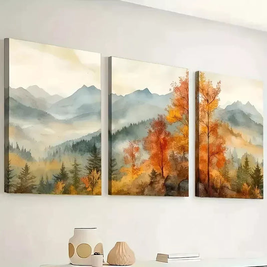 3pcs Vintage Autumn Watercolor Rural Landscape Wall Art Set Canvas Framed 50x70cm - High Quality Print 100% Australian Made Wall Canvas Ready to Hang