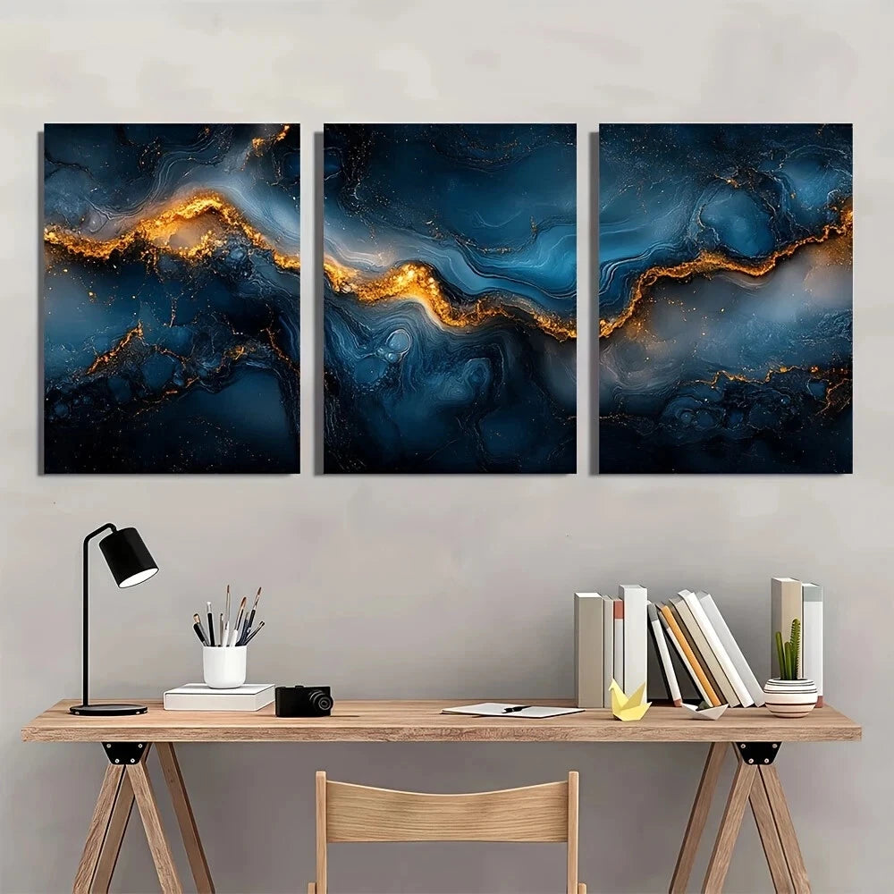 3pcs Abstract Black Blue and Golden Marble Metal Print Ready to Hang Art - Bella Home Decor