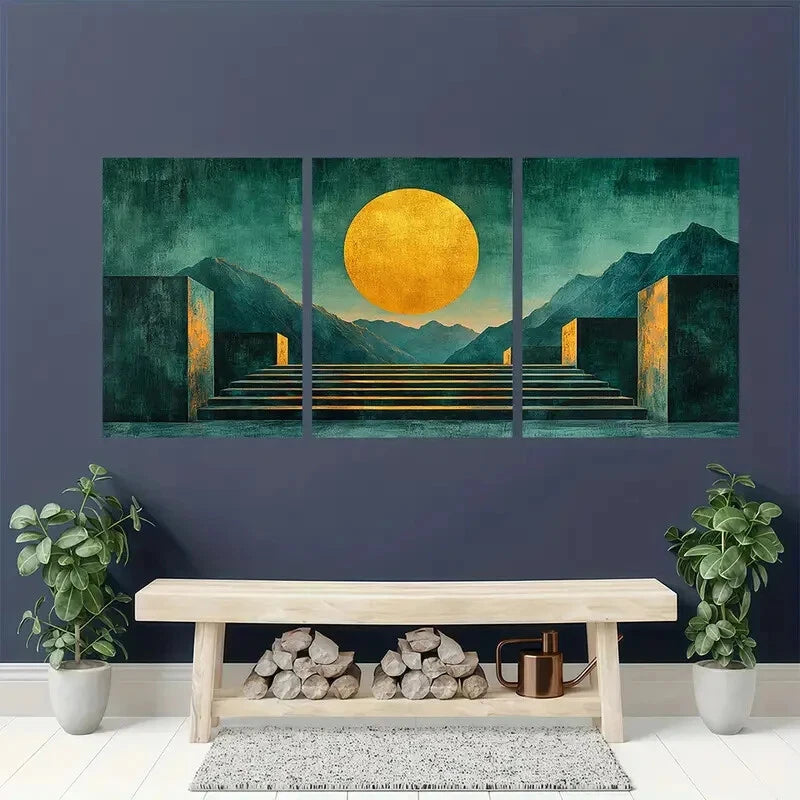 3pcs Minimalist Blue Green Abstract Geometric Metal Print Ready to Hang Art - Bella Home Decor