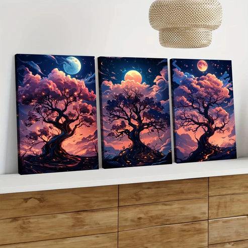 3pcs Cartoon Tree Glowing Branches Pink Clouds Wall Art Set Canvas Unframed - High Quality Print 100% Australian Made Wall Canvas - Bella Home Decor