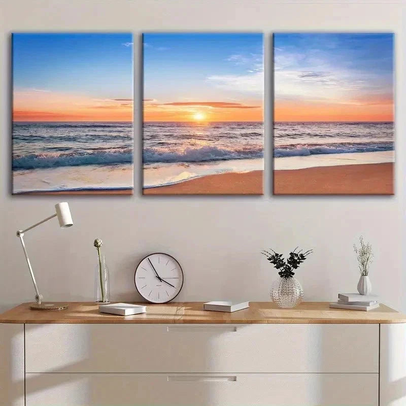 3pcs Beach Sunset Sunrise And Wave Wall Art Set Canvas Framed 40x60cm - High Quality Print 100% Australian Made Wall Canvas Ready to Hang - Bella Home Decor
