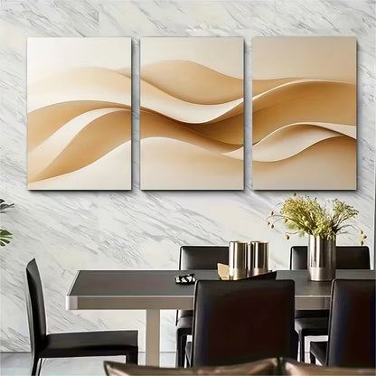 3pcs Abstract Beige Curves Metal Print Ready to Hang Art - Bella Home Decor