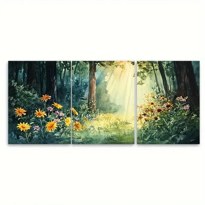 3pcs Sunlit Wildflowers in a Tranquil Nature Wall Art Set Canvas Framed 40x60cm - High Quality Print 100% Australian Made Wall Canvas Ready to Hang