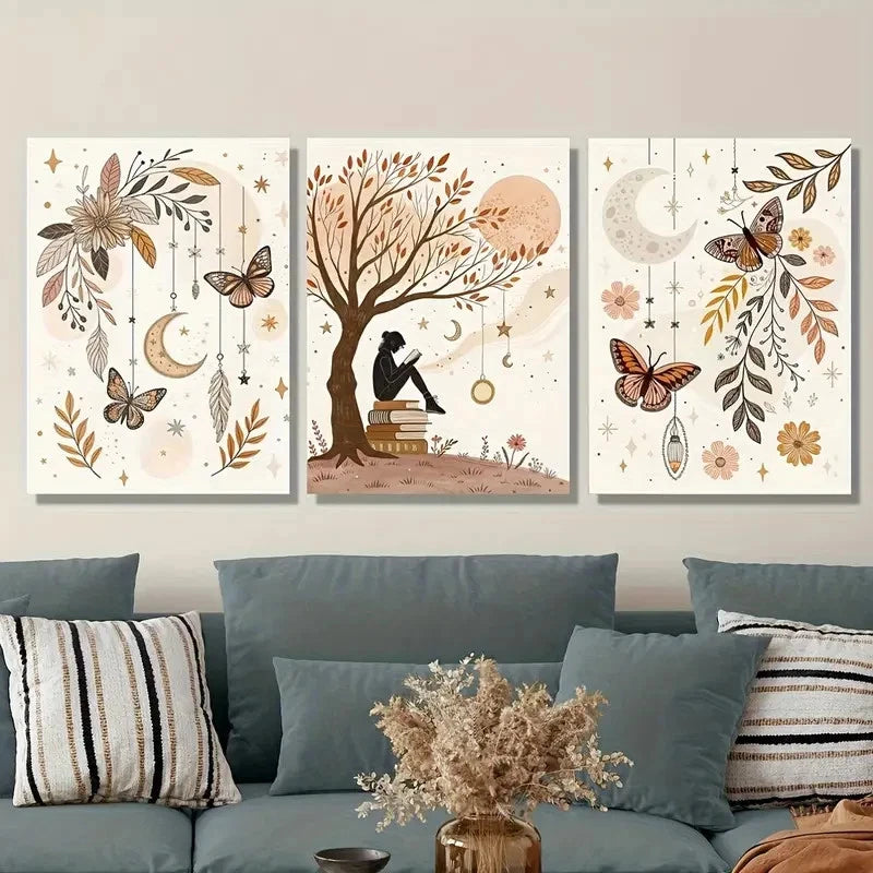 3pcs Beige & Golden Leaf & Butterfly Metal Print Ready to Hang Art - Bella Home Decor