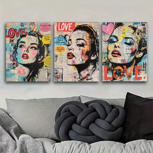 3pcs Colorful Vintage Pop Art Female Portraits Wall Art Set Canvas Framed 40x60cm - High Quality Print 100% Australian Made Wall Canvas Ready to Hang