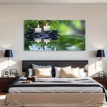 Tranquil Water & Stone Candles Wall Art Canvas Office Home Room Framed 120x60cm - Bella Home Decor