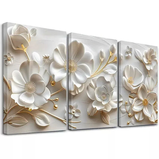 3pcs Floral Art Decorative White Flowers Art Set Canvas Framed 50x70cm - High Quality Print 100% Australian Made Wall Canvas Ready to Hang