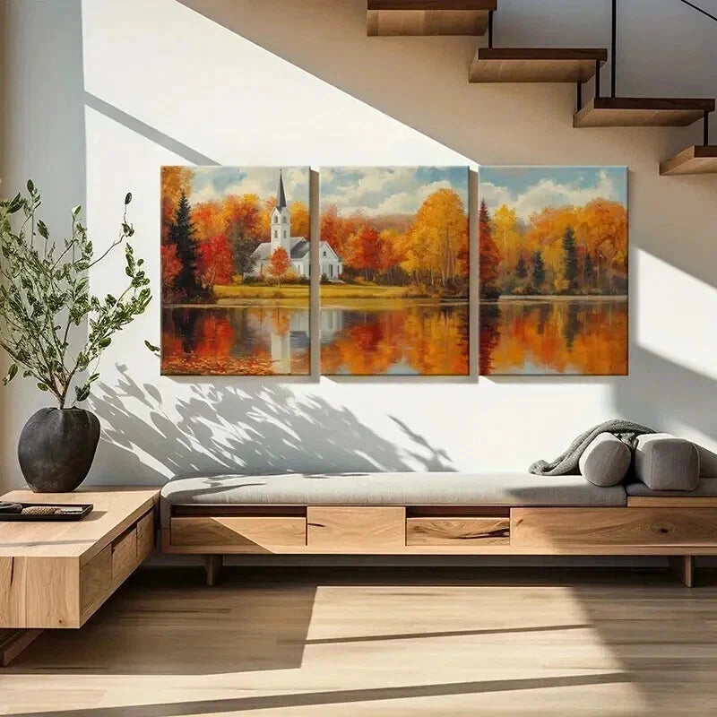 3pcs Autumn Church Landscape & Lake Reflection Wall Art Set Canvas Framed 60x90cm - High Quality Print 100% Australian Made Wall Canvas Ready to Hang - Bella Home Decor