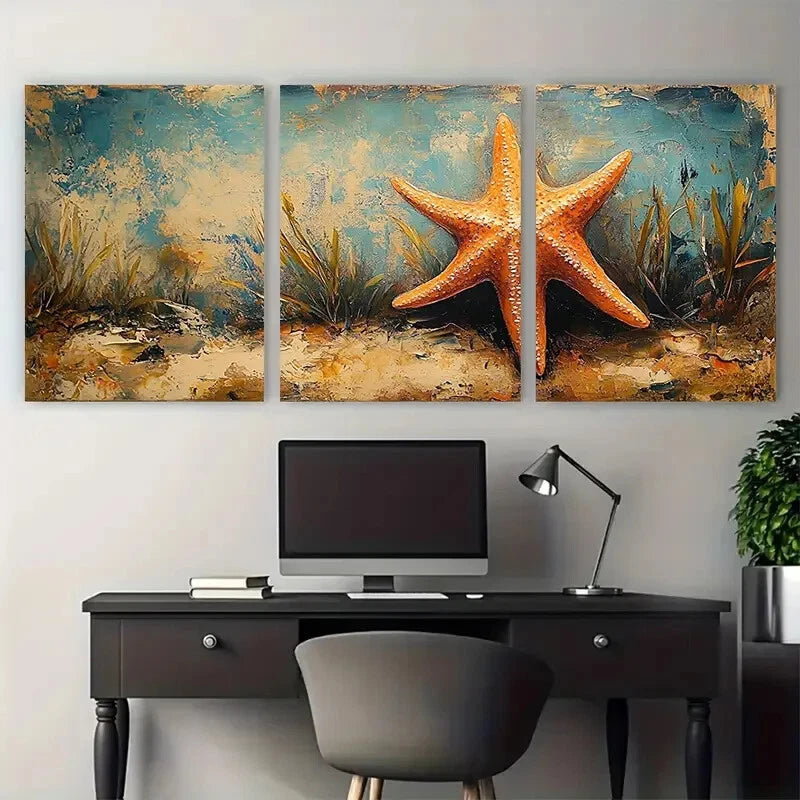 3pcs Starfish Rustic Illustration Metal Print Ready to Hang Art - Bella Home Decor