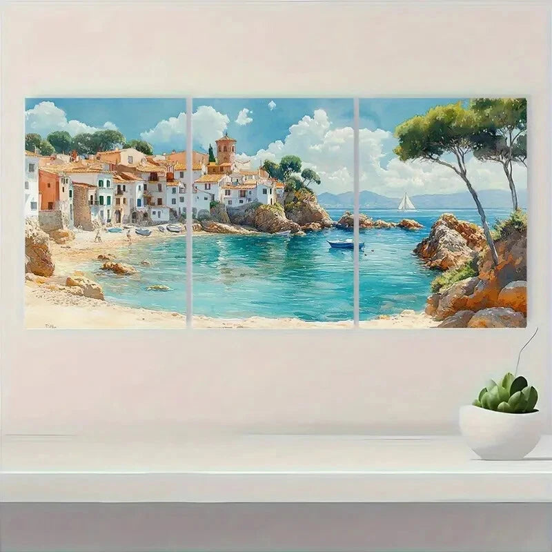 3pcs Spanish Watercolor Cityscape Coastal Metal Print Ready to Hang Art - Bella Home Decor