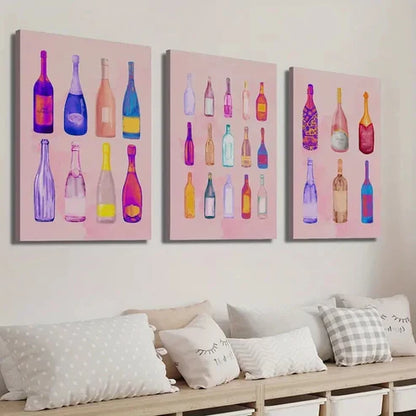 3pcs Beautiful Girly Wine Bottle Bar Cart Wall Art Set Canvas Unframed - High Quality Print 100% Australian Made Wall Canvas - Bella Home Decor