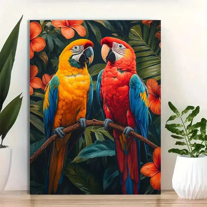 Beautiful Vibrant Macaws Tropical Flowers Painting 60x90cm Metal Print Ready to Hang