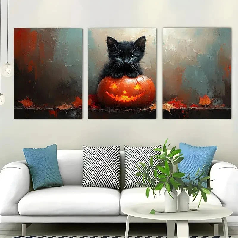 3pcs Black Cat on Glowing Pumpkin with Ghost Wall Art Canvas Framed 40x60cm - High Quality Print 100% Australian Made Wall Canvas Ready to Hang - Bella Home Decor