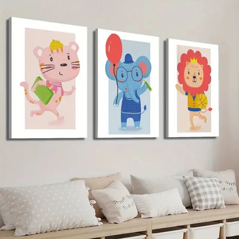 3pcs Funny Cartoon Animal Illustration Wall Art Set Canvas Unframed - High Quality Print 100% Australian Made Wall Canvas - Bella Home Decor