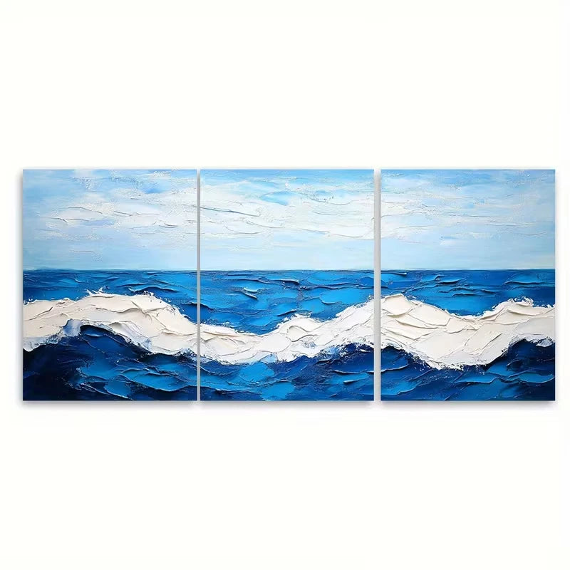 3pcs Blue Sea Landscape Abstract White Wave Print Ready to Hang Art - Bella Home Decor
