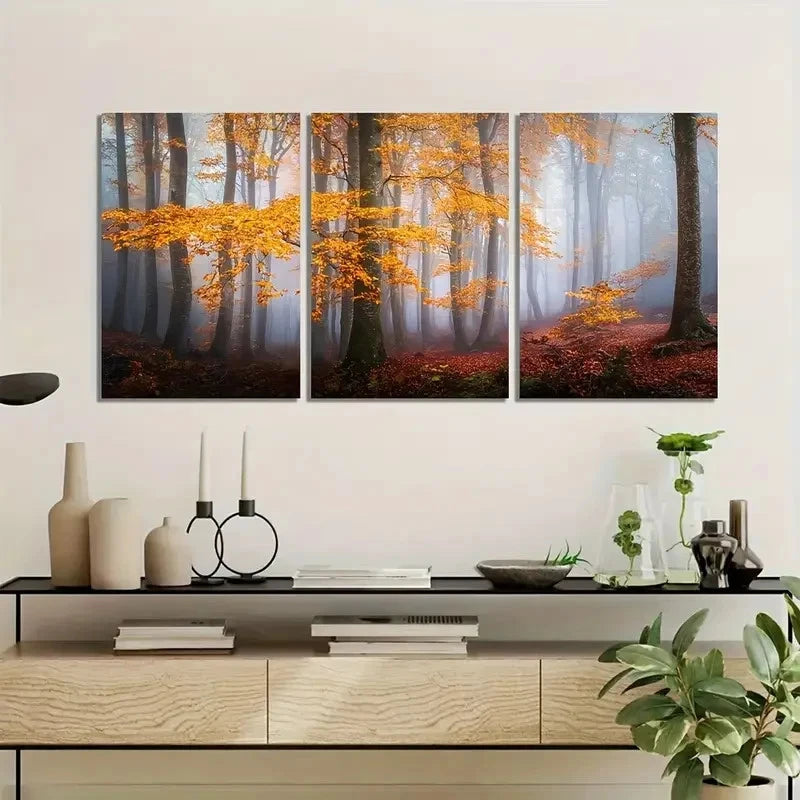 3pcs Art Painting Misty Autumn Forest Metal Print Ready to Hang Art - Bella Home Decor