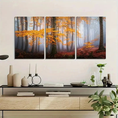3pcs Art Painting Misty Autumn Forest Metal Print Ready to Hang Art - Bella Home Decor