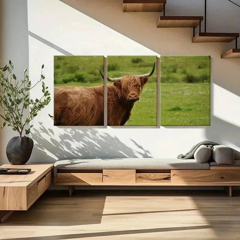 3pcs Highland Cattle Animal Portrait Wall Art Set Canvas Framed 50x70cm - High Quality Print 100% Australian Made Wall Canvas Ready to Hang
