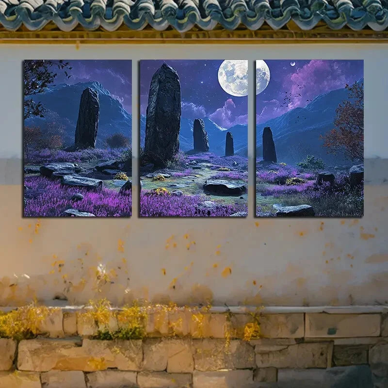 3pcs Purple Planet Ruins Illustration Metal Print Ready to Hang Art - Bella Home Decor