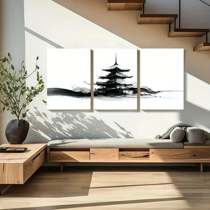3pcs Abstract Pagoda Ink Painting Zen Art Metal Print Ready to Hang Art - Bella Home Decor