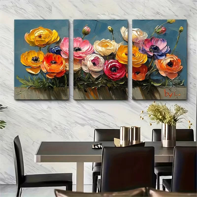 3pcs Ranunculus Oil Painting Floral Metal Print Ready to Hang Art