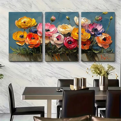 3pcs Ranunculus Oil Painting Floral Metal Print Ready to Hang Art