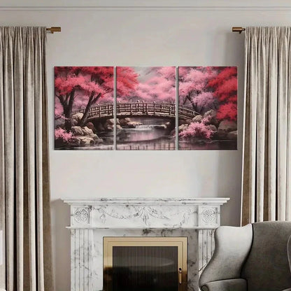 3pcs Vintage Landscape Japanese Style Cherry Metal Print Ready to Hang Art - Bella Home Decor