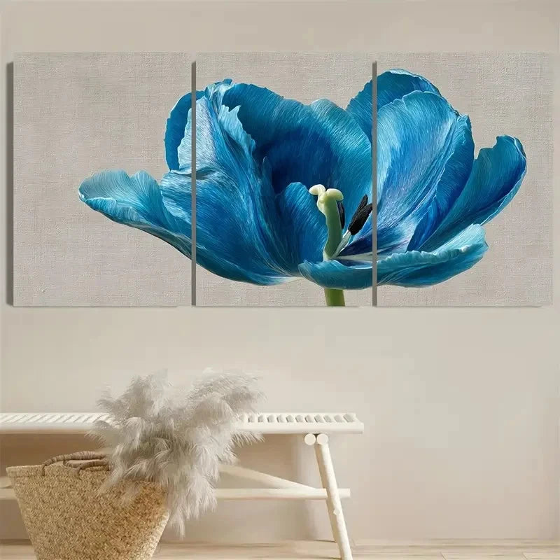 3pcs Blue Tulip Beige Art Tulip Flower Wall Art Set Canvas Framed 50x70cm - High Quality Print 100% Australian Made Wall Canvas Ready to Hang - Bella Home Decor